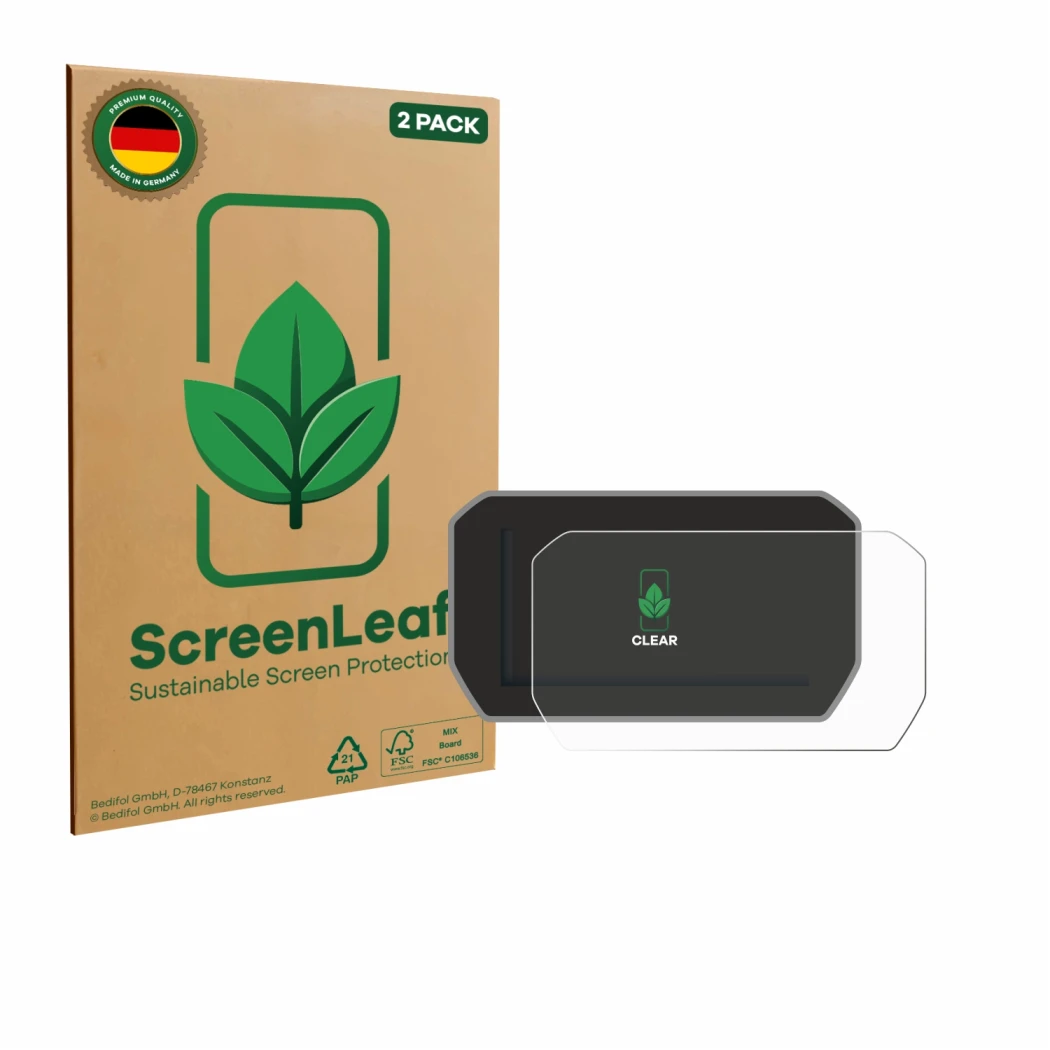 Parte frontal de un envase de producto con el logotipo de la marca ScreenLeaf. Al lado se muestra el dispositivo Ducati V4 Ral