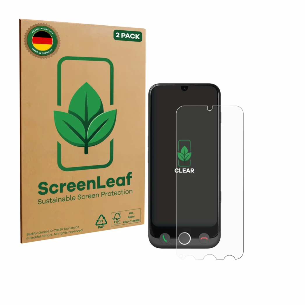 Parte frontal de un envase de producto con el logotipo de la marca ScreenLeaf. Al lado se muestra el dispositivo Doro Aurora A
