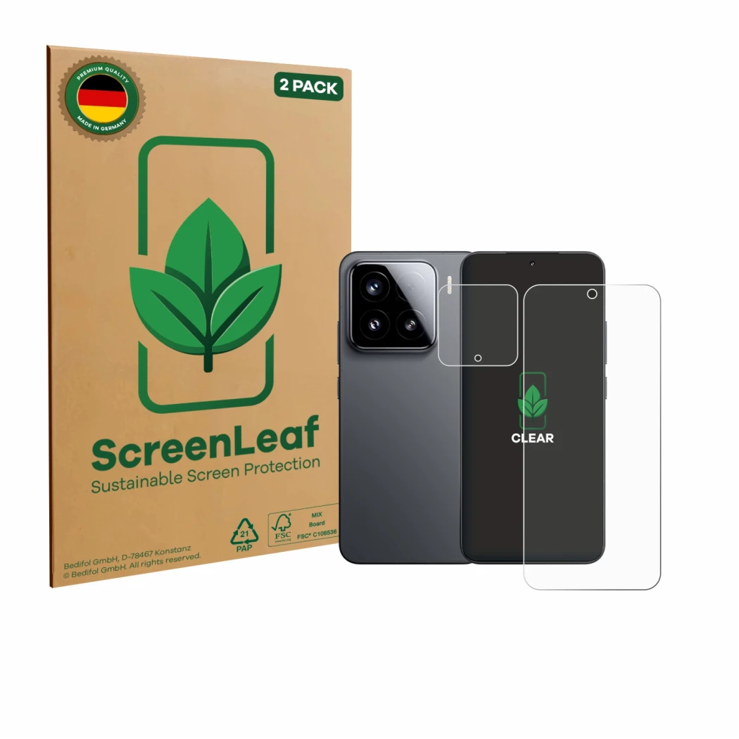 Parte frontal de un envase de producto con el logotipo de la marca ScreenLeaf. Al lado se muestra el dispositivo Xiaomi 15 (Fr
