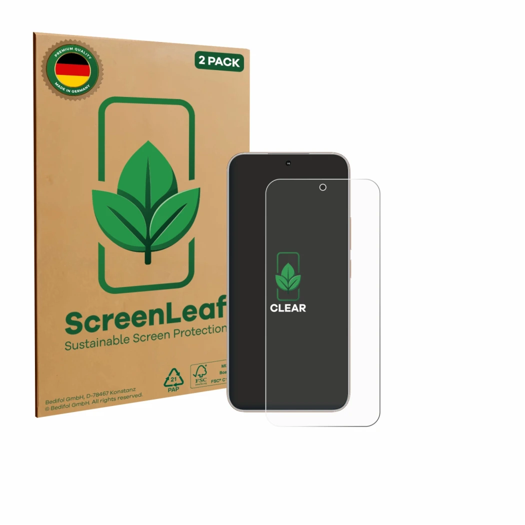 Parte frontal de un envase de producto con el logotipo de la marca ScreenLeaf. Al lado se muestra el dispositivo Honor 400 con