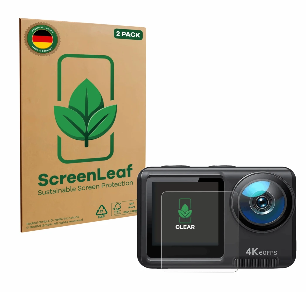 Parte frontal de un envase de producto con el logotipo de la marca ScreenLeaf. Al lado se muestra el dispositivo Wolfang GA420