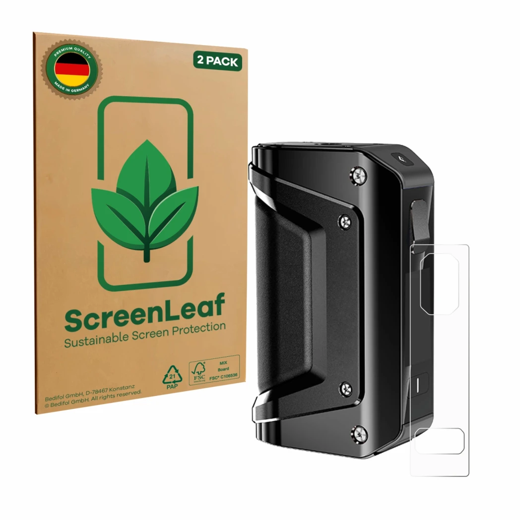 Parte frontal de un envase de producto con el logotipo de la marca ScreenLeaf. Al lado se muestra el dispositivo GeekVape Aegi
