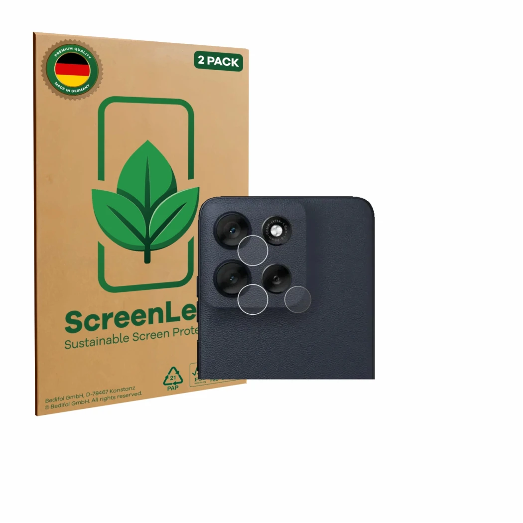 Parte frontal de un envase de producto con el logotipo de la marca ScreenLeaf. Al lado se muestra el dispositivo Motorola Moto