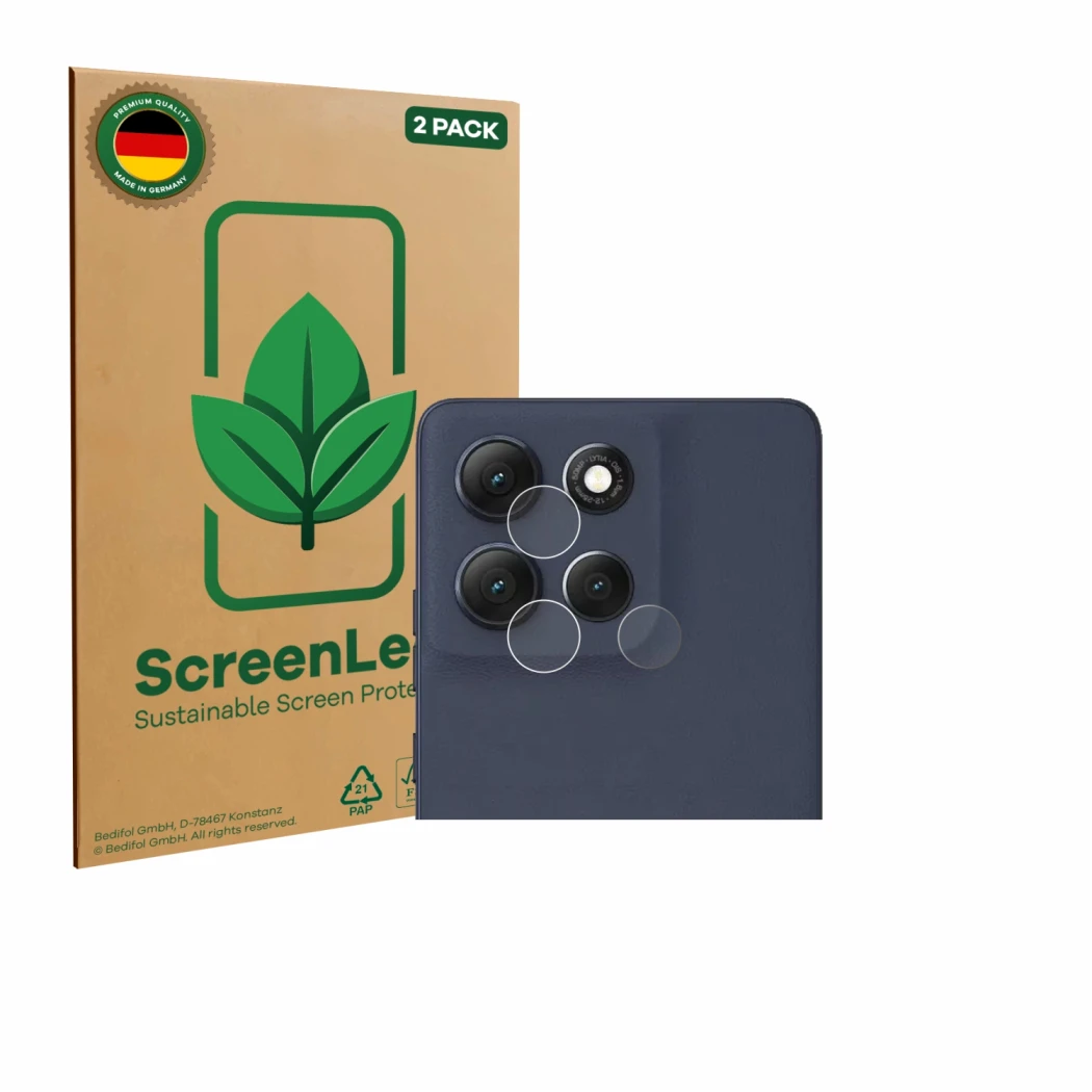 Parte frontal de un envase de producto con el logotipo de la marca ScreenLeaf. Al lado se muestra el dispositivo Motorola Moto