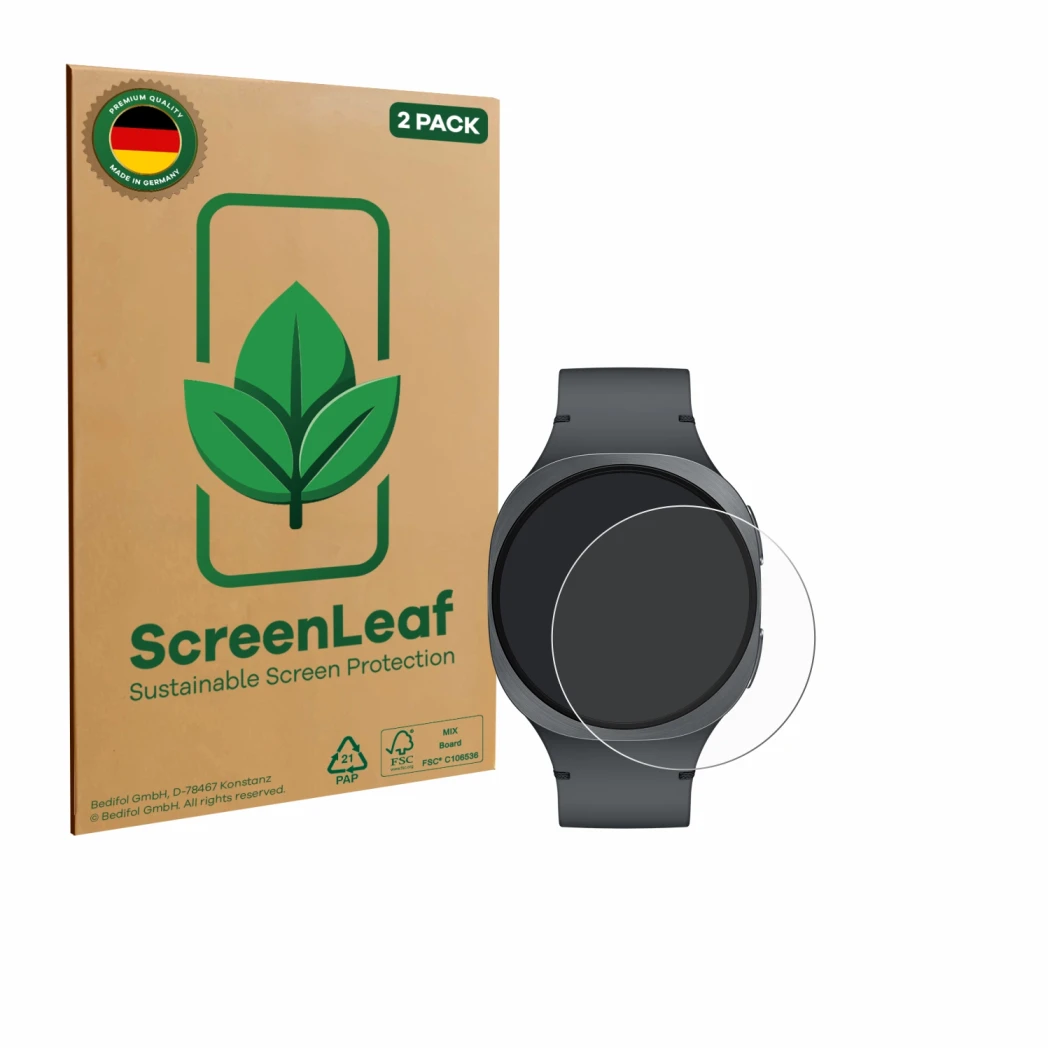 Parte frontal de un envase de producto con el logotipo de la marca ScreenLeaf. Al lado se muestra el dispositivo Samsung Galax