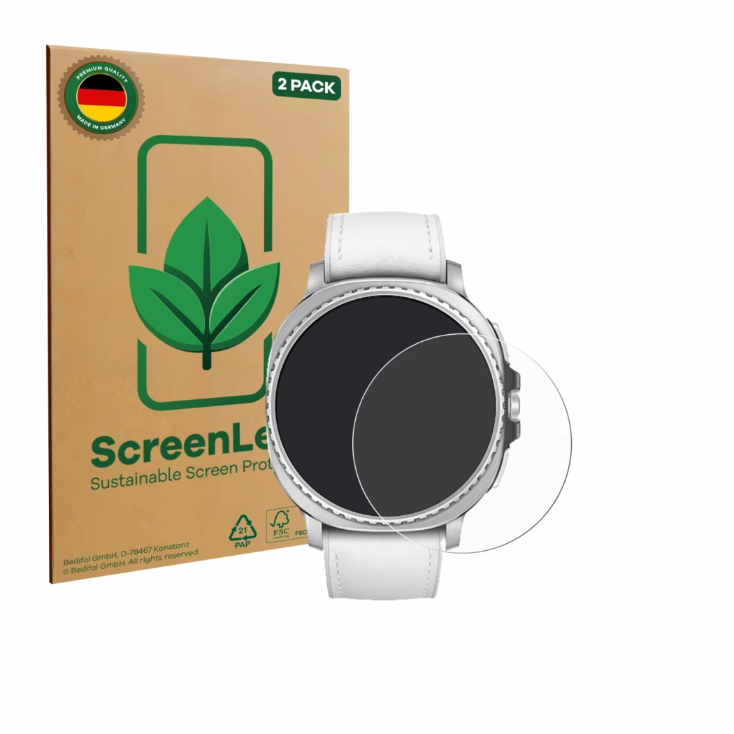 Parte frontal de un envase de producto con el logotipo de la marca ScreenLeaf. Al lado se muestra el dispositivo Samsung Galax