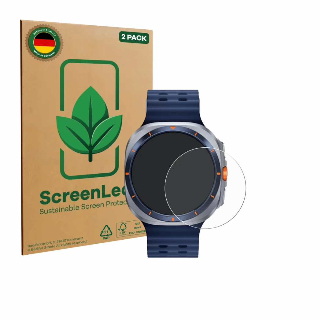 Parte frontal de un envase de producto con el logotipo de la marca ScreenLeaf. Al lado se muestra el dispositivo Samsung Galax