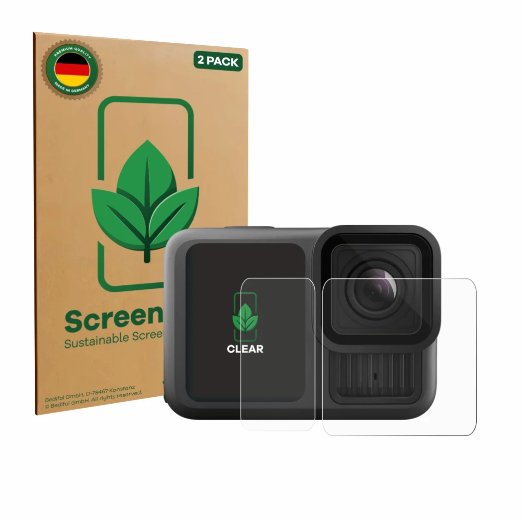 Parte frontal de un envase de producto con el logotipo de la marca ScreenLeaf. Al lado se muestra el dispositivo GoPro Hero 13