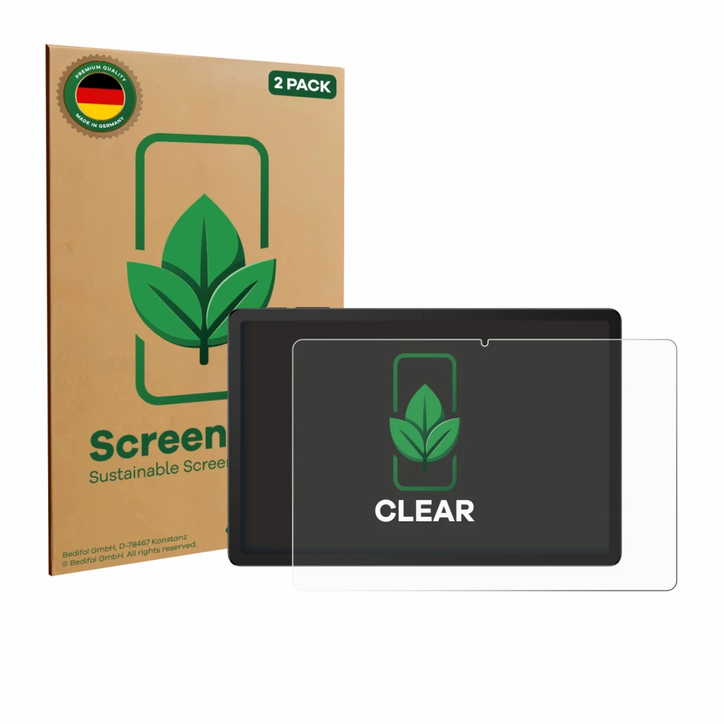 Parte frontal de un envase de producto con el logotipo de la marca ScreenLeaf. Al lado se muestra el dispositivo Doogee Tab G6