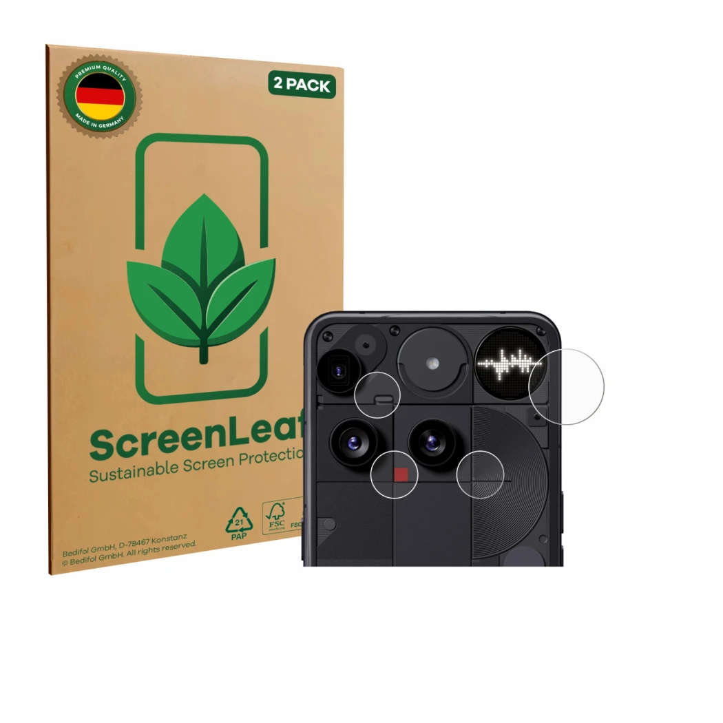 Parte frontal de un envase de producto con el logotipo de la marca ScreenLeaf. Al lado se muestra el dispositivo Nothing Phone
