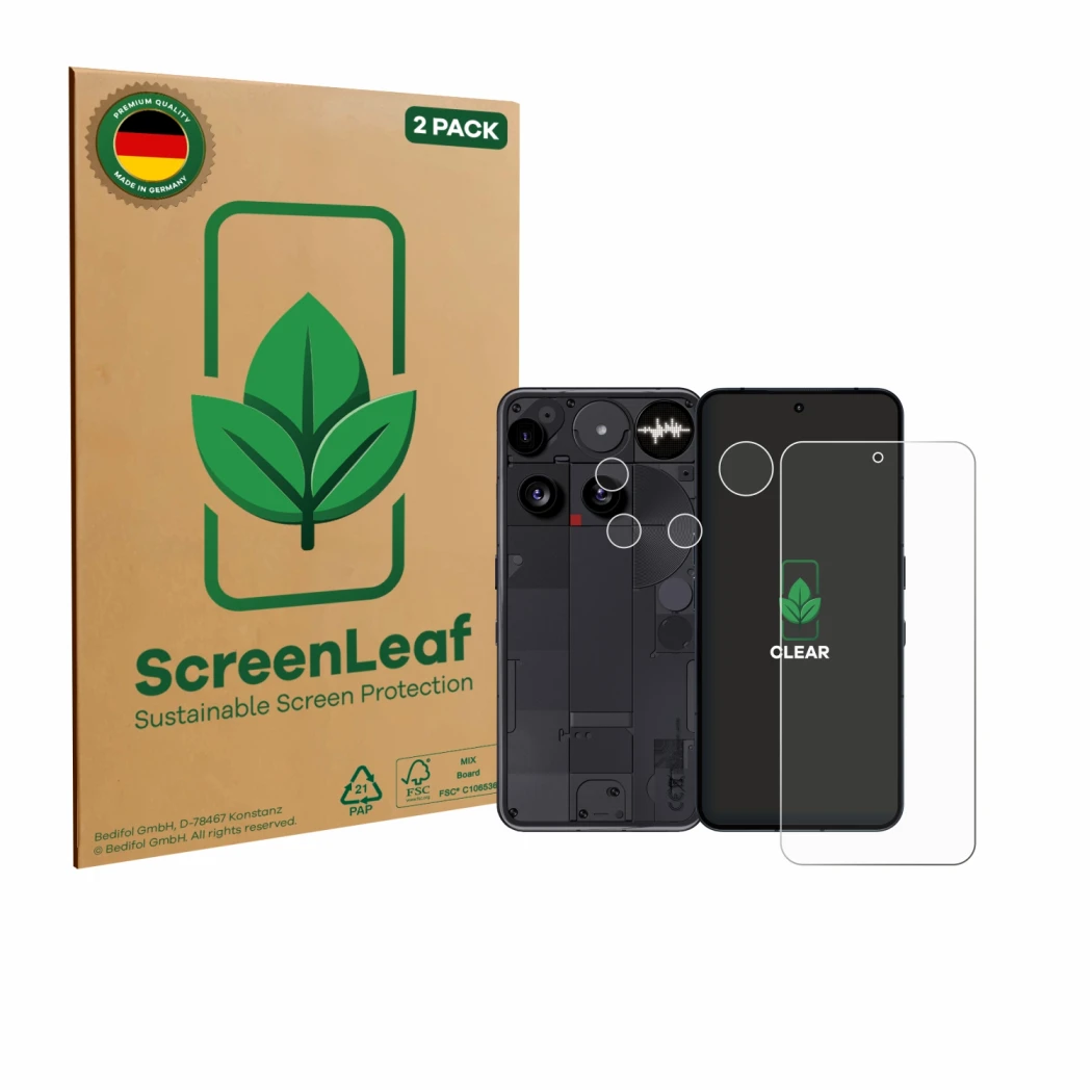 Parte frontal de un envase de producto con el logotipo de la marca ScreenLeaf. Al lado se muestra el dispositivo Nothing Phone