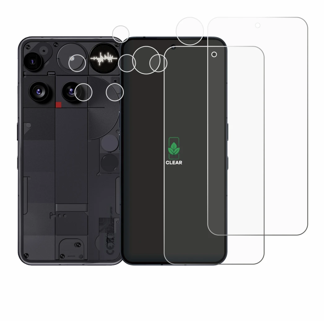 Imagen del dispositivo Nothing Phone (3) (Frontal+Cámara) con una amplia variedad de protectores de pantalla.