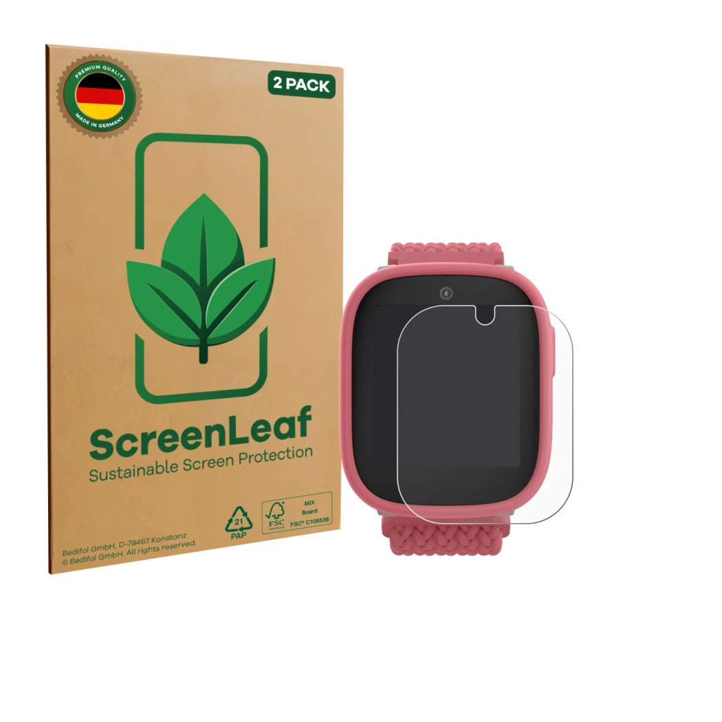 Parte frontal de un envase de producto con el logotipo de la marca ScreenLeaf. Al lado se muestra el dispositivo Xplora X6 Pla