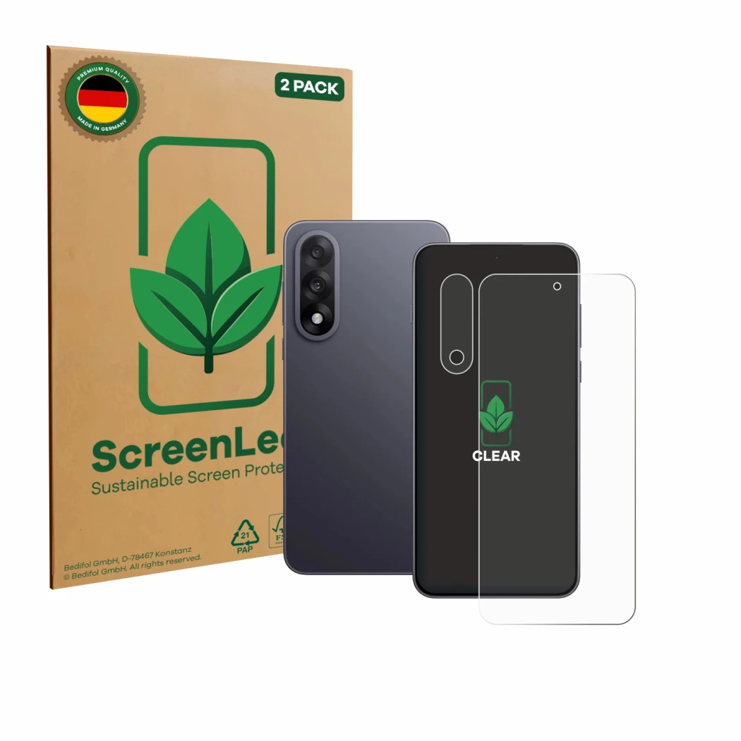 Parte frontal de un envase de producto con el logotipo de la marca ScreenLeaf. Al lado se muestra el dispositivo OnePlus Nord 