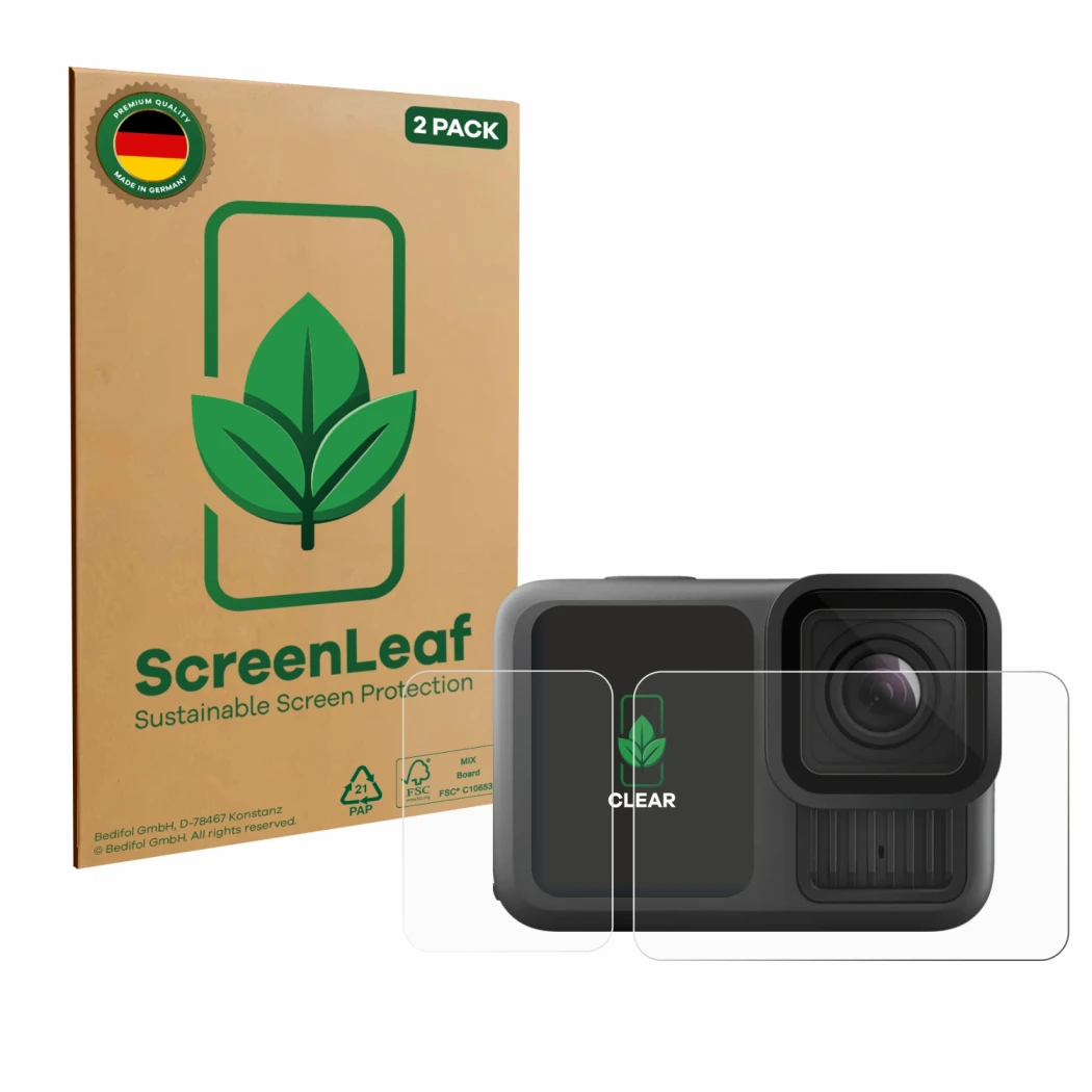 Parte frontal de un envase de producto con el logotipo de la marca ScreenLeaf. Al lado se muestra el dispositivo GoPro Hero 13