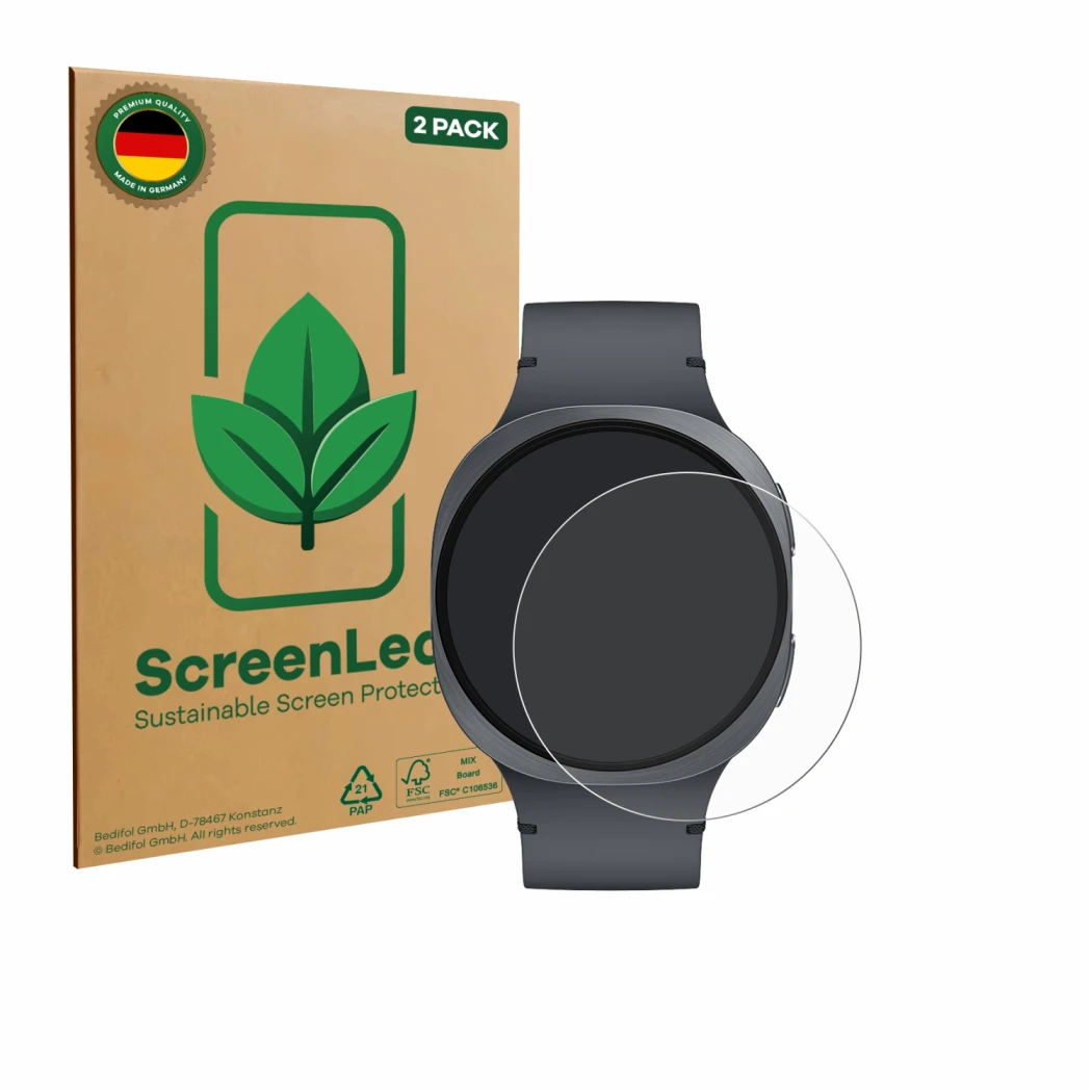 Parte frontal de un envase de producto con el logotipo de la marca ScreenLeaf. Al lado se muestra el dispositivo Samsung Galax