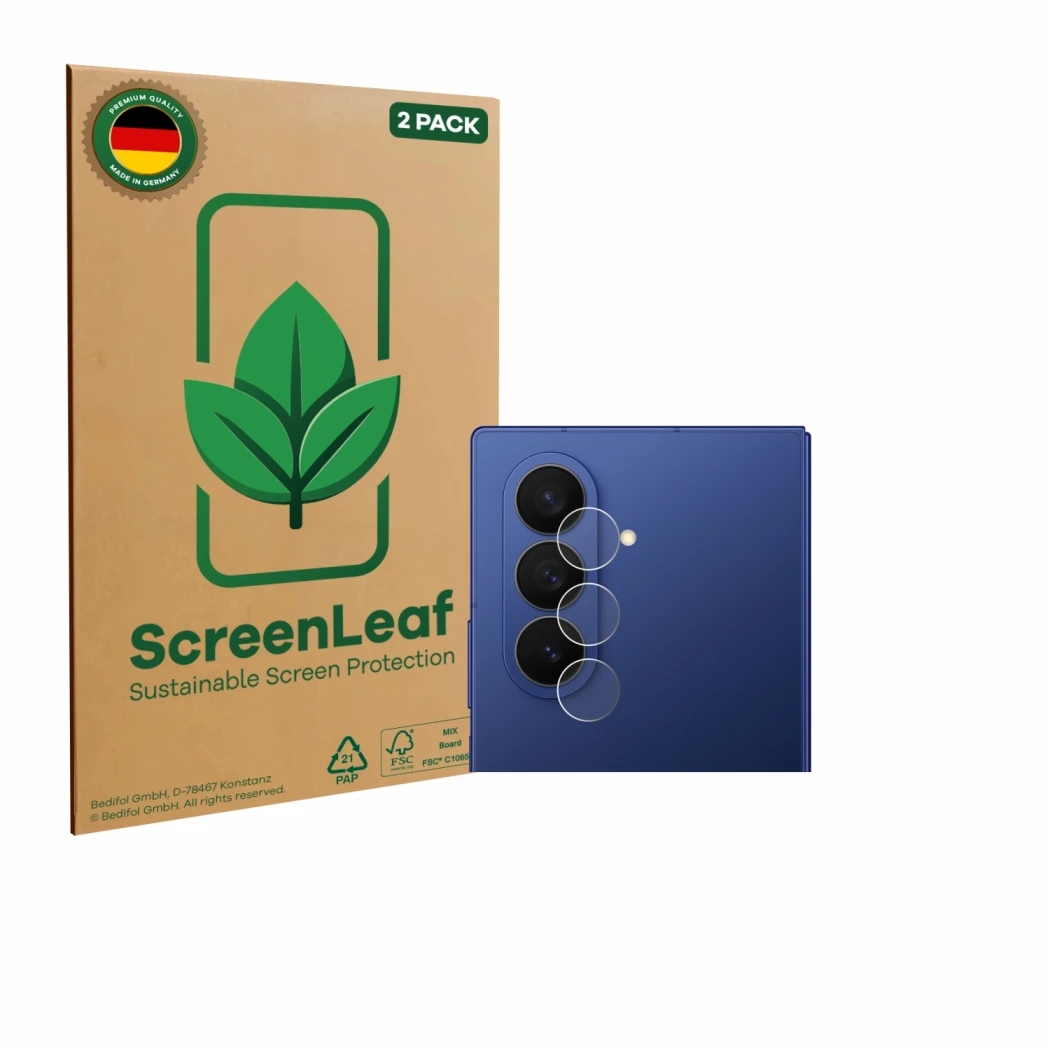 Parte frontal de un envase de producto con el logotipo de la marca ScreenLeaf. Al lado se muestra el dispositivo Samsung Galax