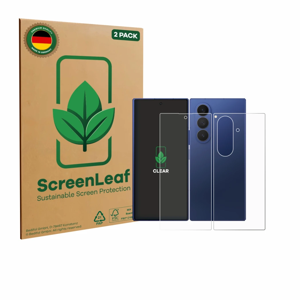 Parte frontal de un envase de producto con el logotipo de la marca ScreenLeaf. Al lado se muestra el dispositivo Samsung Galax