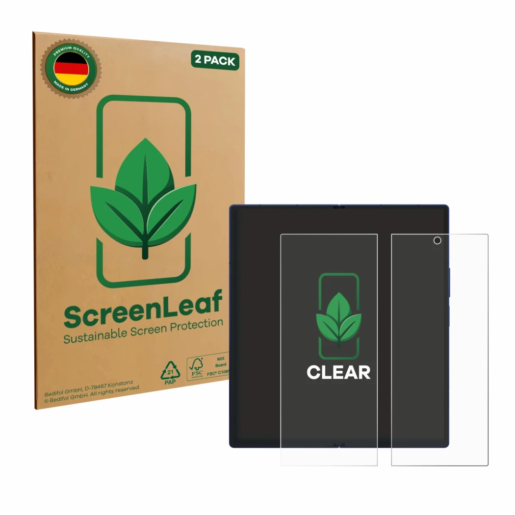 Parte frontal de un envase de producto con el logotipo de la marca ScreenLeaf. Al lado se muestra el dispositivo Samsung Galax