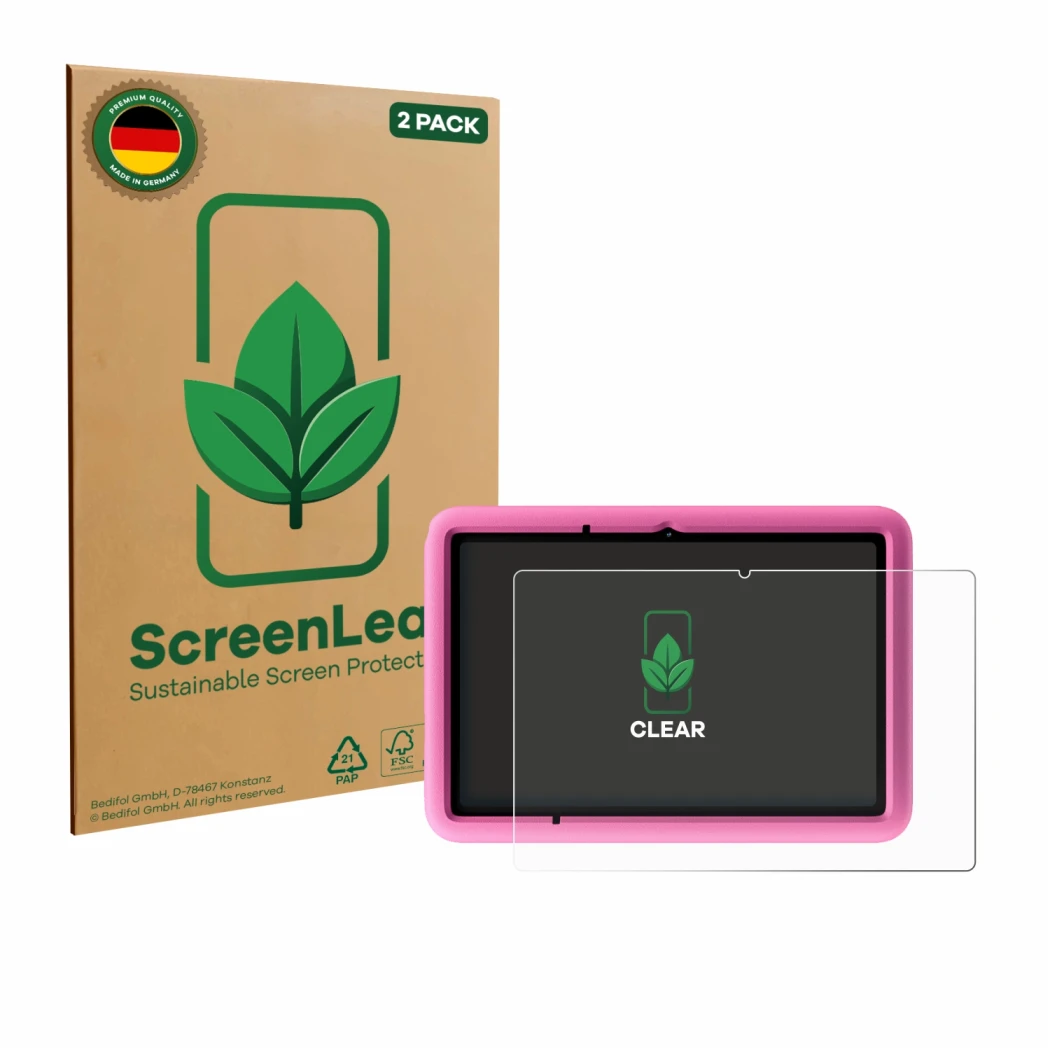 Parte frontal de un envase de producto con el logotipo de la marca ScreenLeaf. Al lado se muestra el dispositivo Blackview Tab