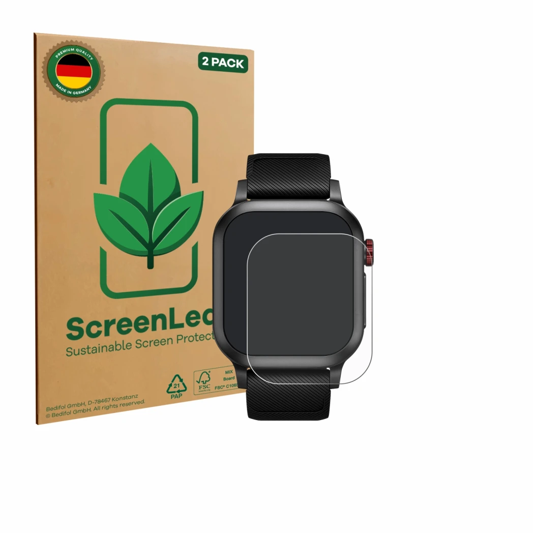 Parte frontal de un envase de producto con el logotipo de la marca ScreenLeaf. Al lado se muestra el dispositivo Haylou Iron N