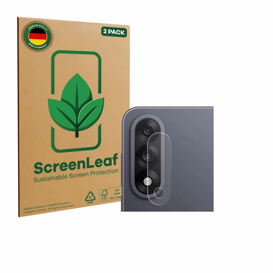 Parte frontal de un envase de producto con el logotipo de la marca ScreenLeaf. Al lado se muestra el dispositivo OnePlus Nord 