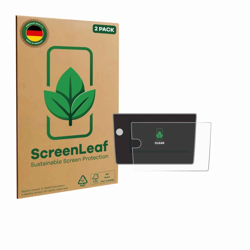 Parte frontal de un envase de producto con el logotipo de la marca ScreenLeaf. Al lado se muestra el dispositivo Volkswagen Po