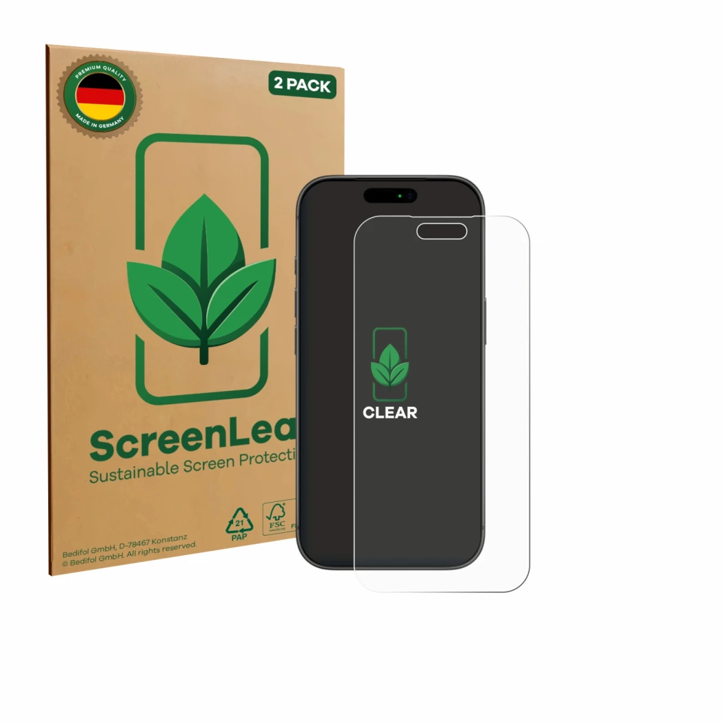 Parte frontal de un envase de producto con el logotipo de la marca ScreenLeaf. Al lado se muestra el dispositivo Apple iPhone 