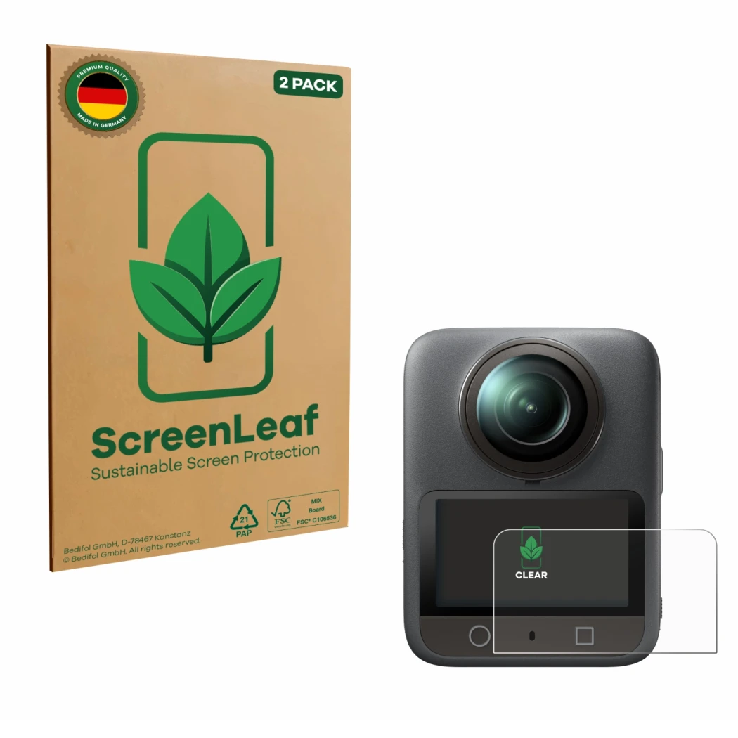 Parte frontal de un envase de producto con el logotipo de la marca ScreenLeaf. Al lado se muestra el dispositivo DJI Osmo 360 