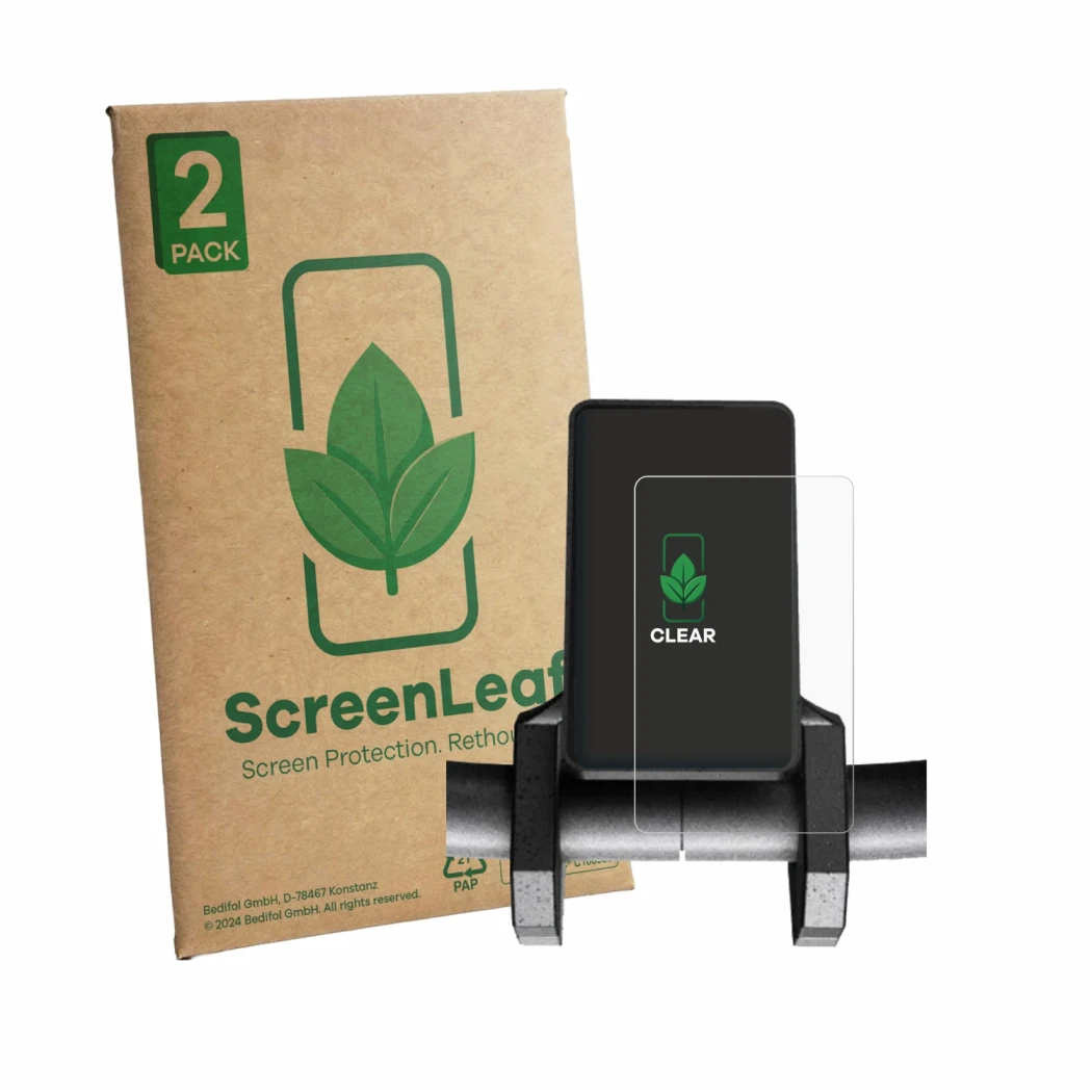 Parte frontal de un envase de producto con el logotipo de la marca ScreenLeaf. Al lado se muestra el dispositivo Joyor S8-S V2
