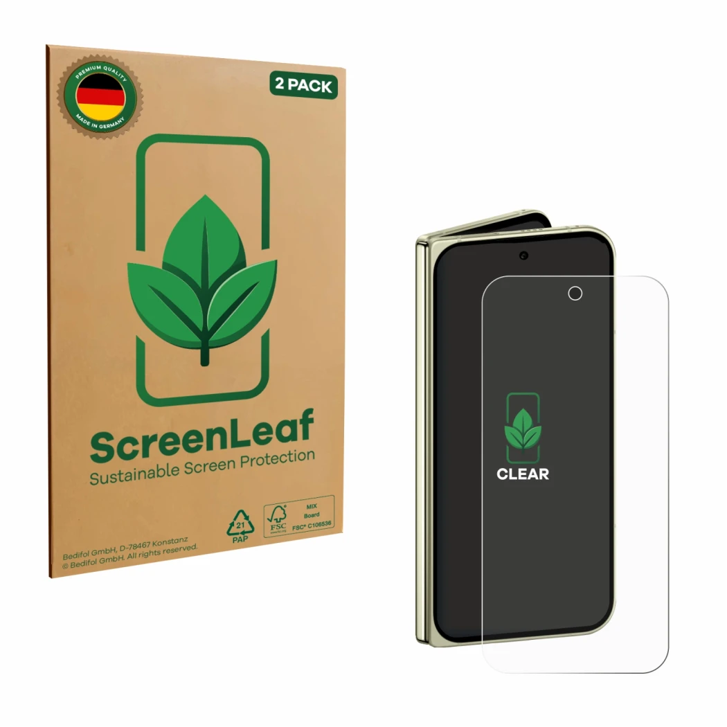 Parte frontal de un envase de producto con el logotipo de la marca ScreenLeaf. Al lado se muestra el dispositivo Google Pixel 