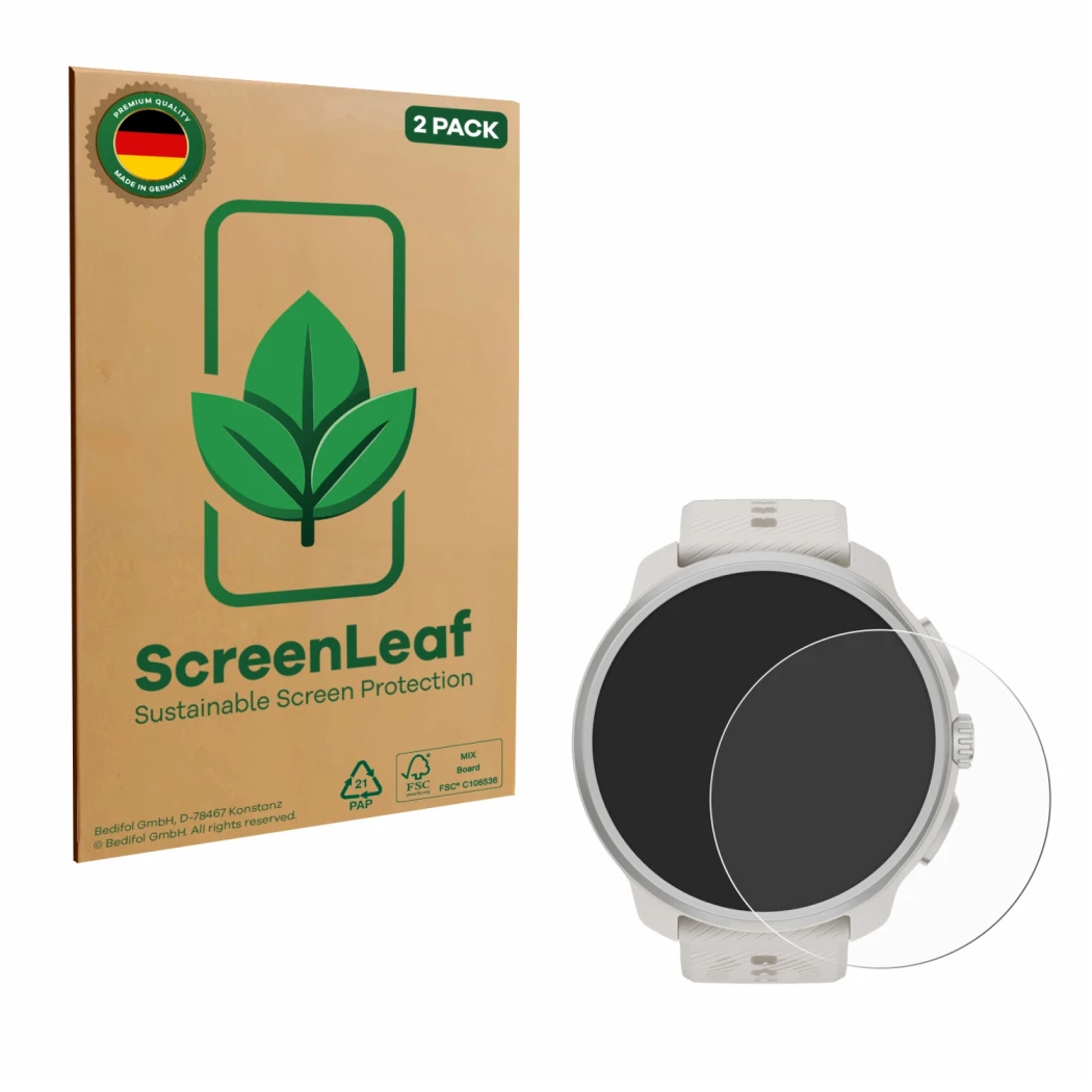 Parte frontal de un envase de producto con el logotipo de la marca ScreenLeaf. Al lado se muestra el dispositivo Suunto Race 2