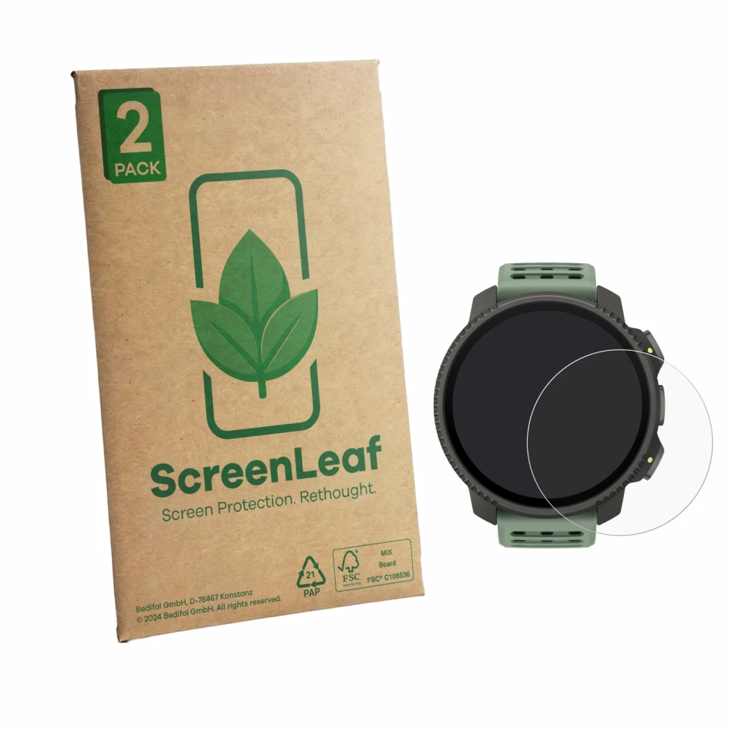 Parte frontal de un envase de producto con el logotipo de la marca ScreenLeaf. Al lado se muestra el dispositivo Suunto Vertic