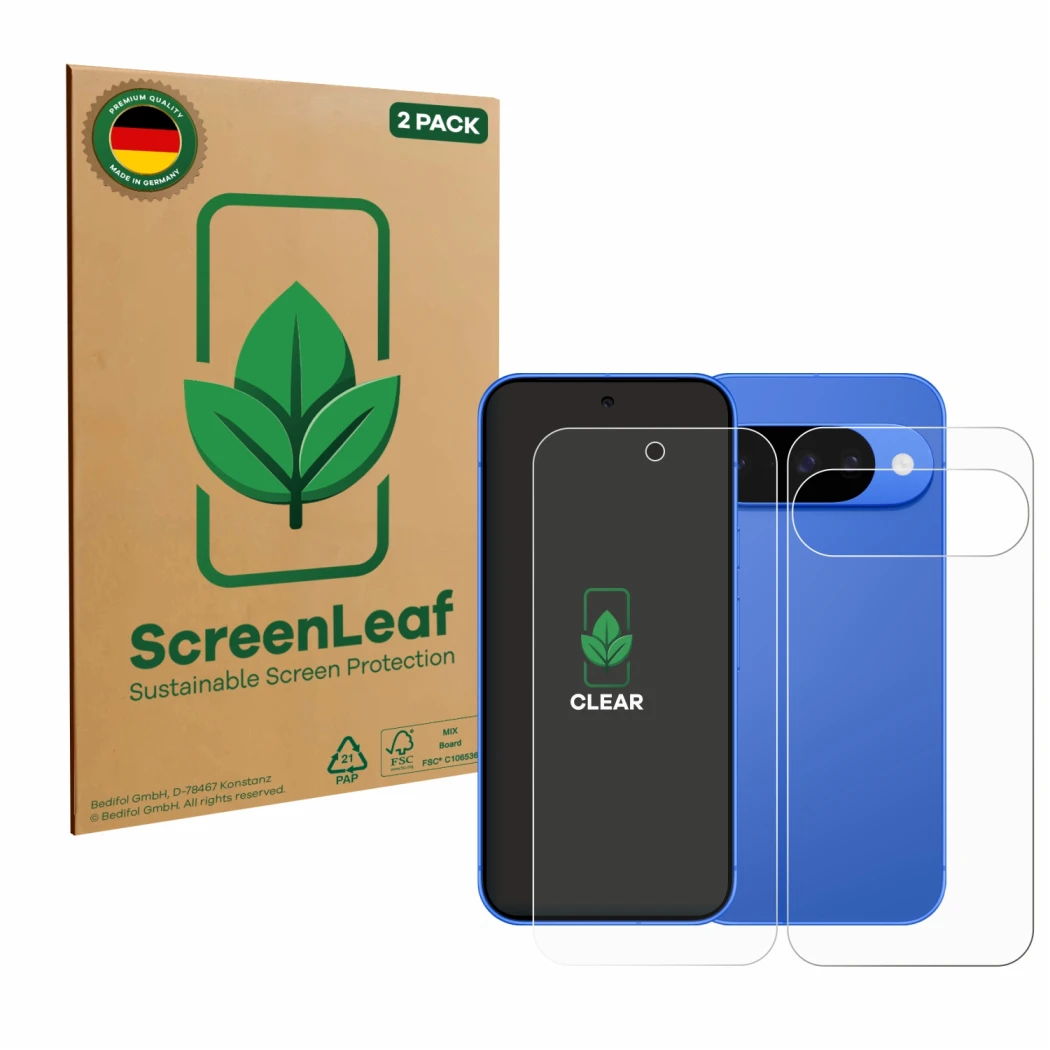 Parte frontal de un envase de producto con el logotipo de la marca ScreenLeaf. Al lado se muestra el dispositivo Google Pixel 