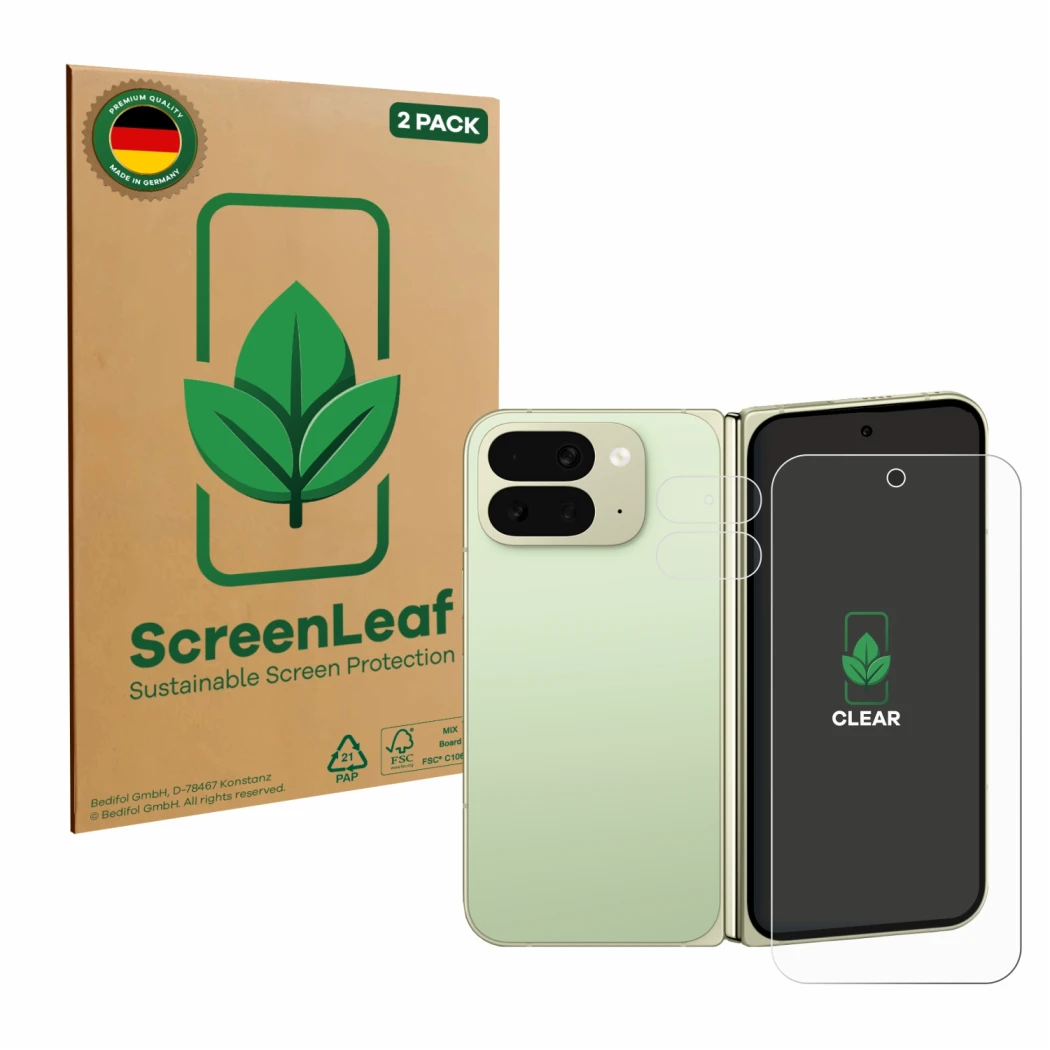 Parte frontal de un envase de producto con el logotipo de la marca ScreenLeaf. Al lado se muestra el dispositivo Google Pixel 