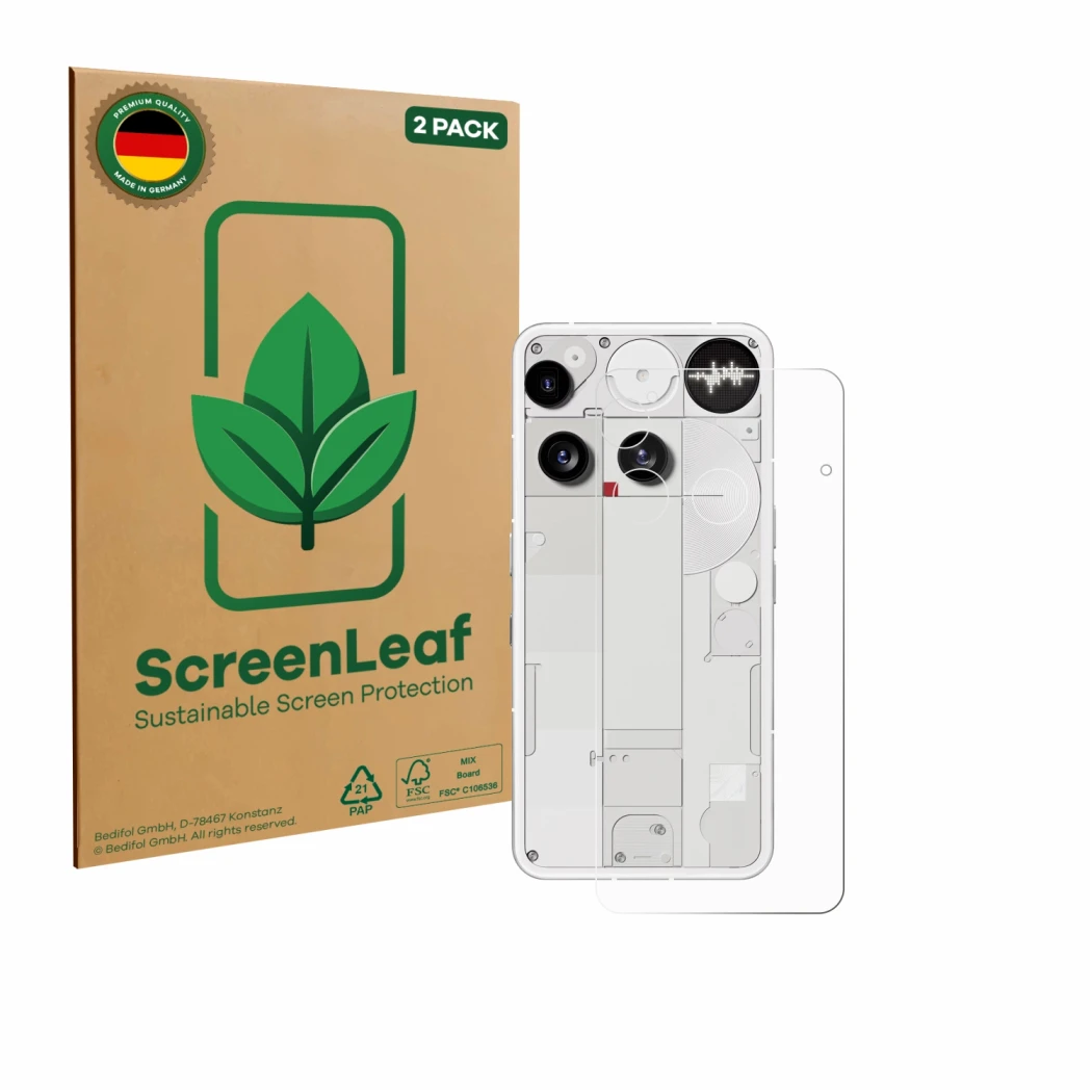 Parte frontal de un envase de producto con el logotipo de la marca ScreenLeaf. Al lado se muestra el dispositivo Nothing Phone
