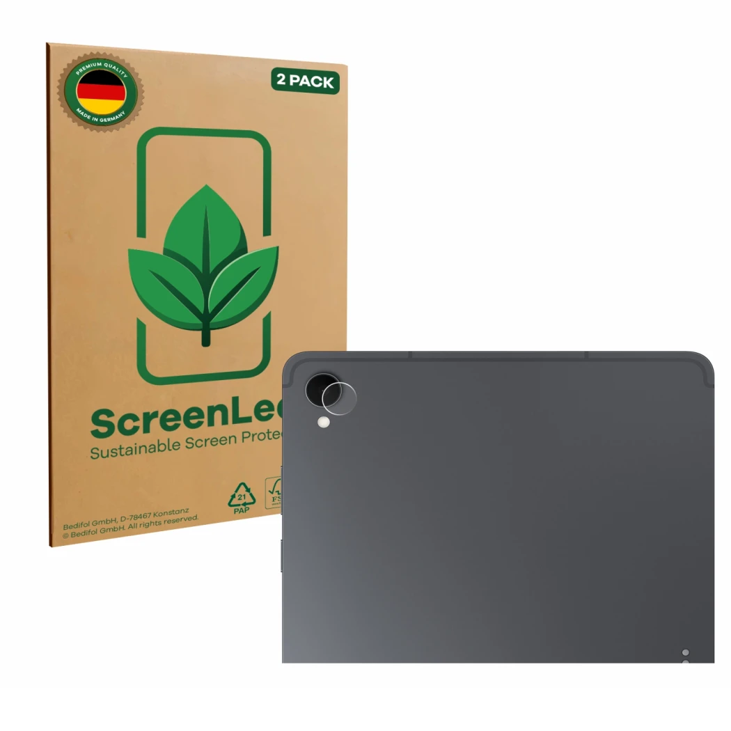 Parte frontal de un envase de producto con el logotipo de la marca ScreenLeaf. Al lado se muestra el dispositivo Samsung Galax