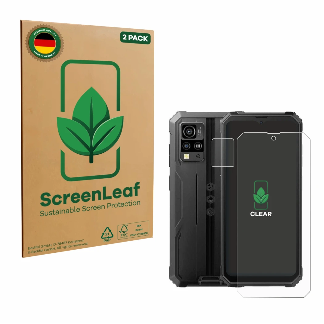 Parte frontal de un envase de producto con el logotipo de la marca ScreenLeaf. Al lado se muestra el dispositivo Blackview BV4