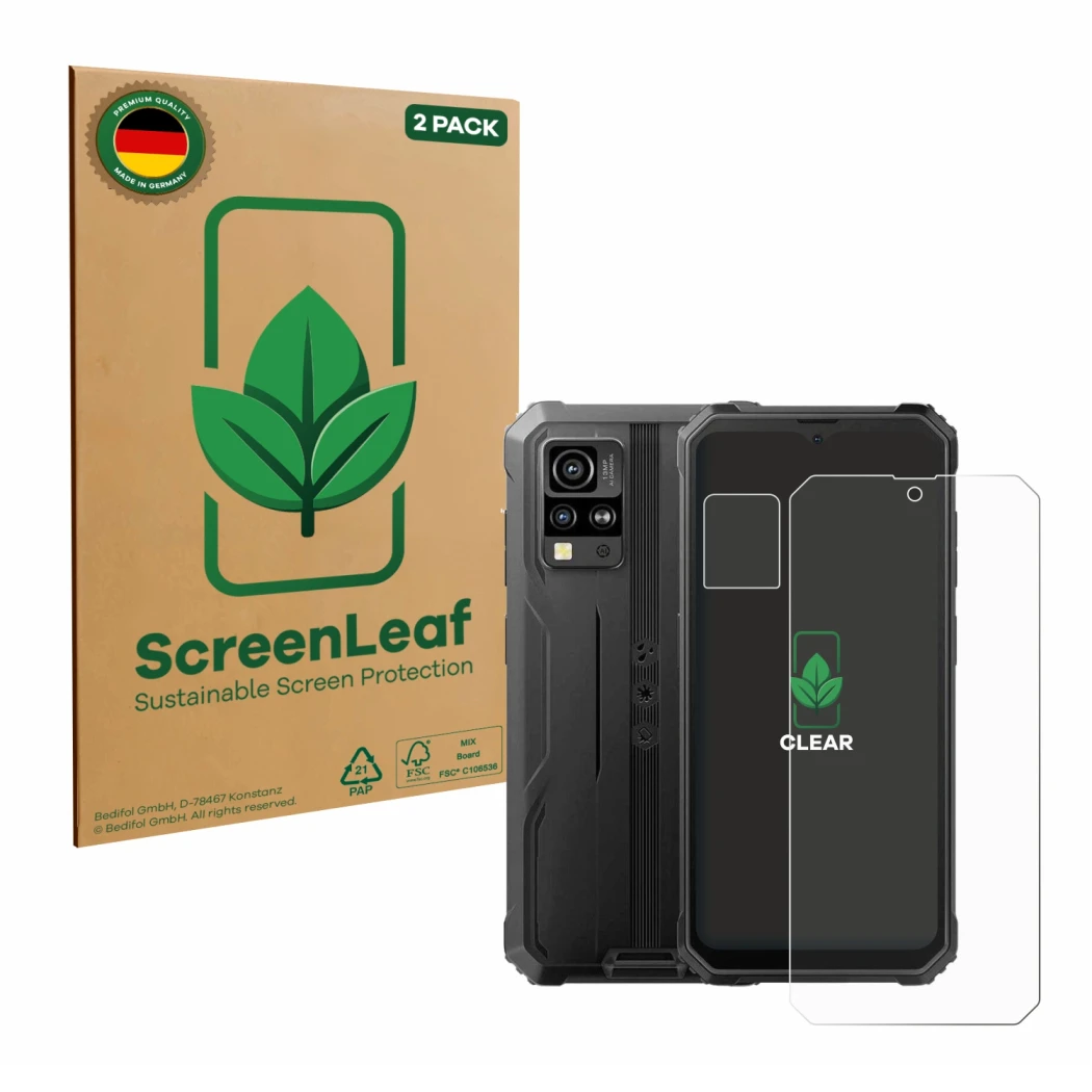 Parte frontal de un envase de producto con el logotipo de la marca ScreenLeaf. Al lado se muestra el dispositivo Blackview BV4