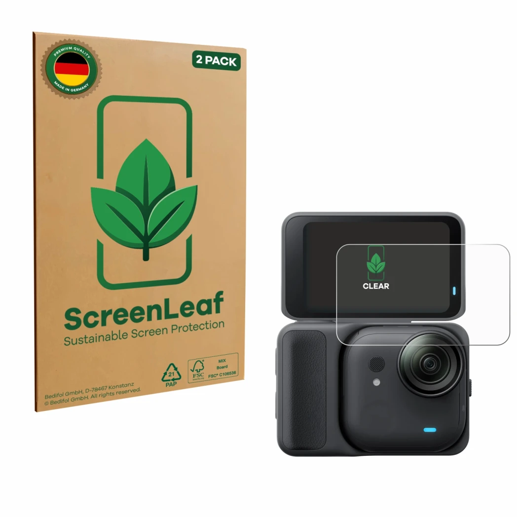 Parte frontal de un envase de producto con el logotipo de la marca ScreenLeaf. Al lado se muestra el dispositivo Insta360 Go U