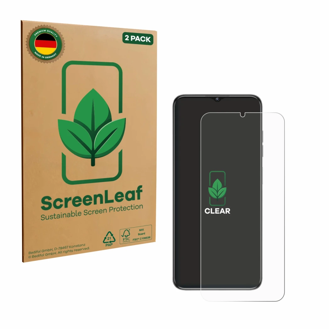 Parte frontal de un envase de producto con el logotipo de la marca ScreenLeaf. Al lado se muestra el dispositivo Oukitel C1 co