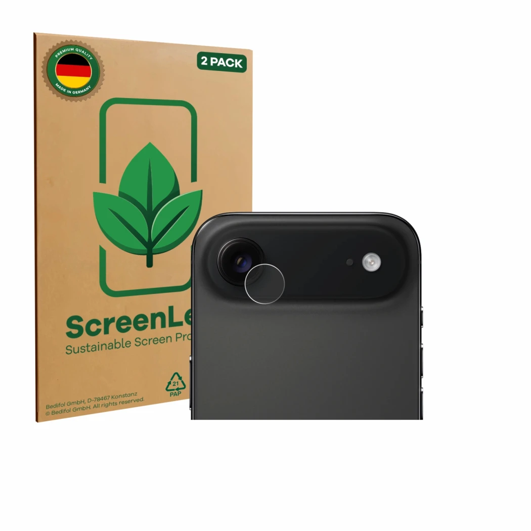 Parte frontal de un envase de producto con el logotipo de la marca ScreenLeaf. Al lado se muestra el dispositivo Apple iPhone 