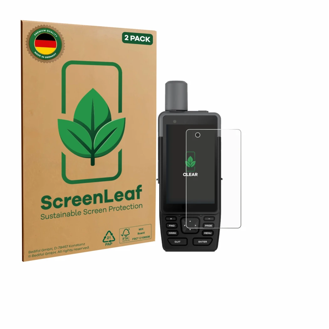 Parte frontal de un envase de producto con el logotipo de la marca ScreenLeaf. Al lado se muestra el dispositivo Garmin GPSMAP