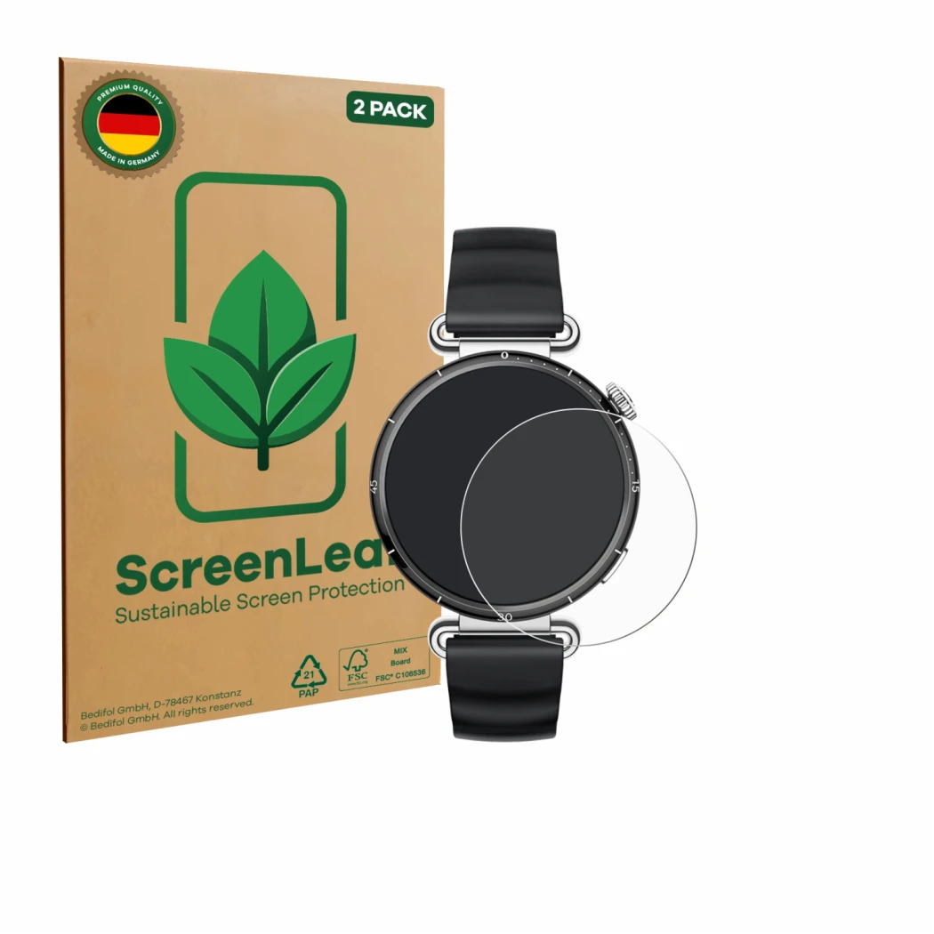 Parte frontal de un envase de producto con el logotipo de la marca ScreenLeaf. Al lado se muestra el dispositivo Huawei Watch 