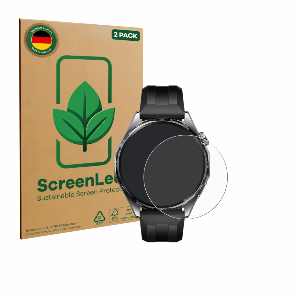 Parte frontal de un envase de producto con el logotipo de la marca ScreenLeaf. Al lado se muestra el dispositivo Huawei Watch 