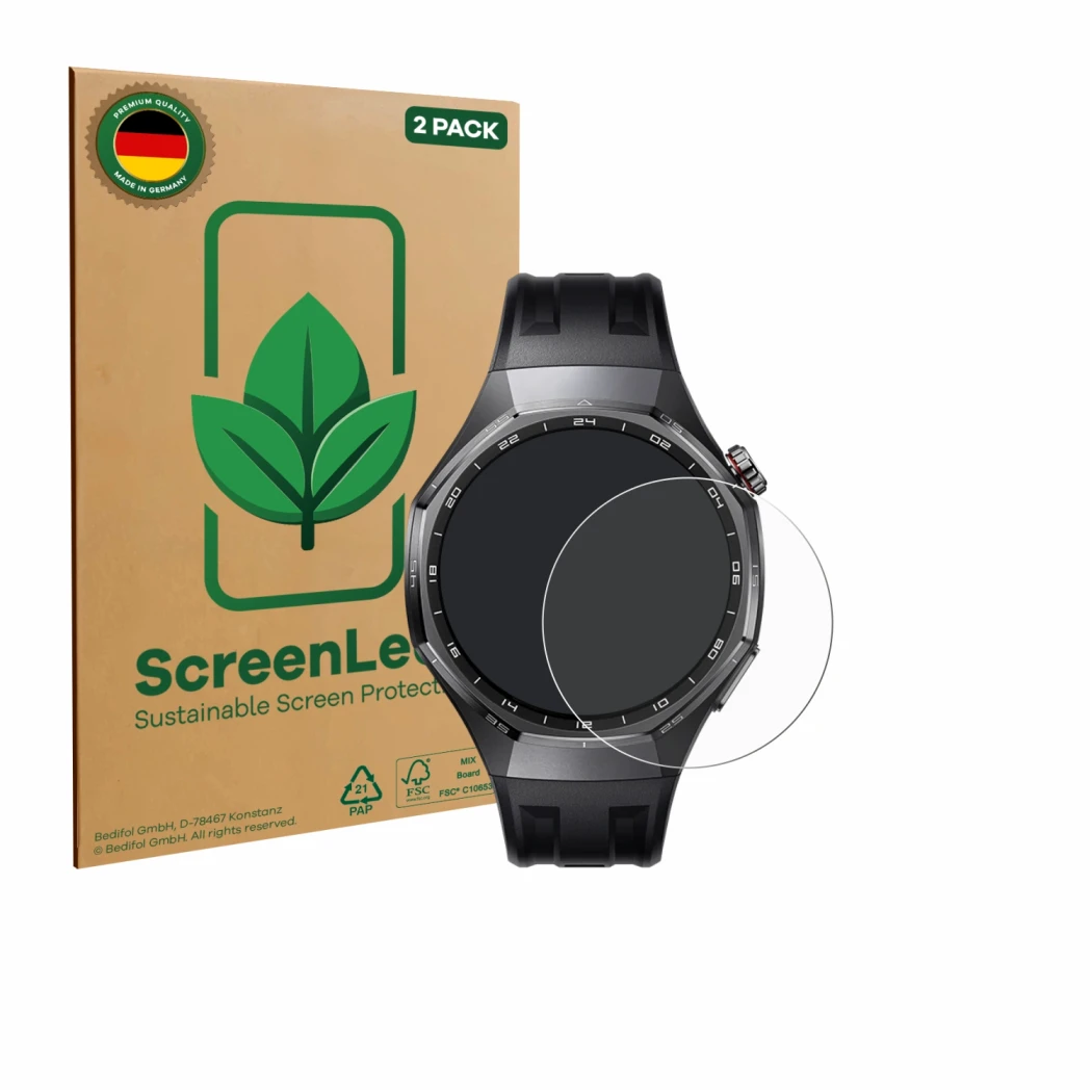 Parte frontal de un envase de producto con el logotipo de la marca ScreenLeaf. Al lado se muestra el dispositivo Huawei Watch 