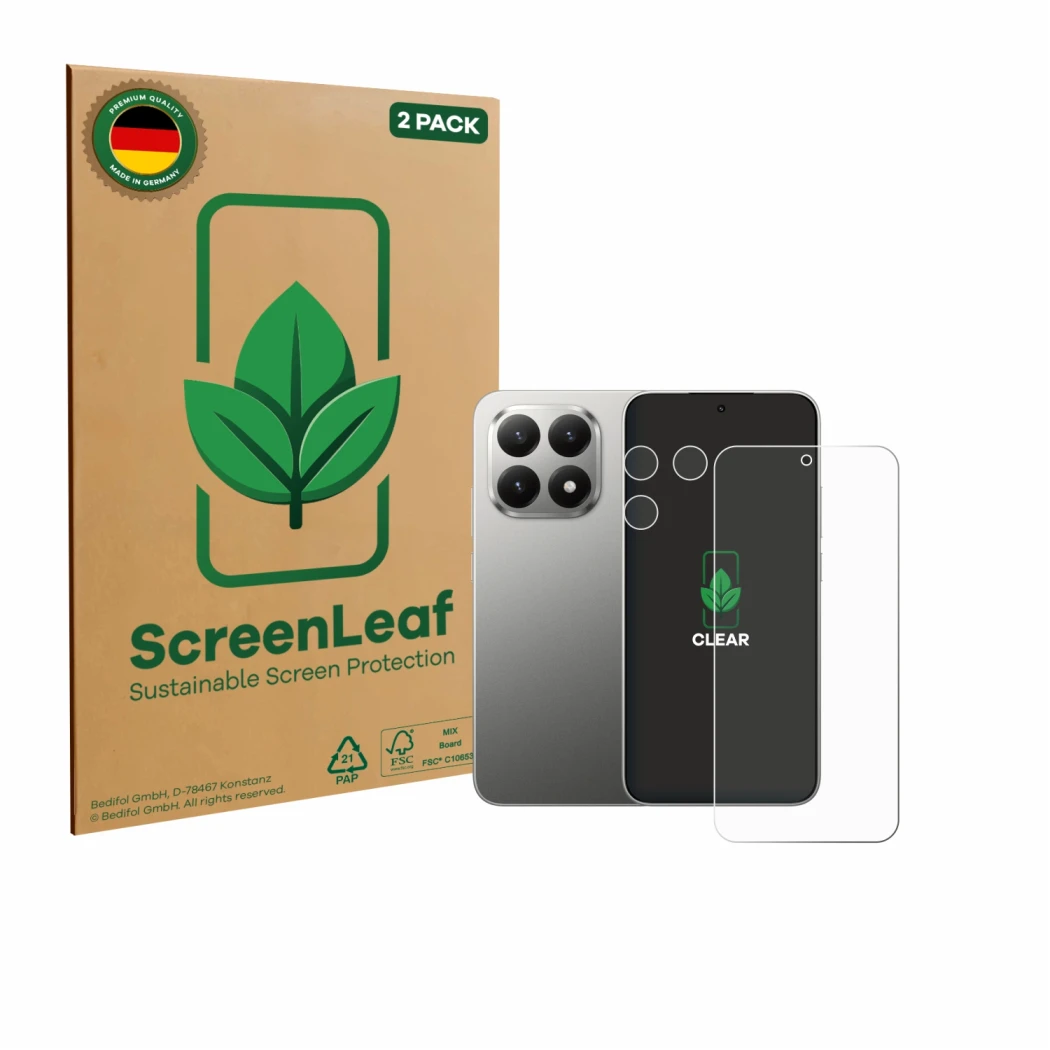 Parte frontal de un envase de producto con el logotipo de la marca ScreenLeaf. Al lado se muestra el dispositivo Xiaomi 15T (F