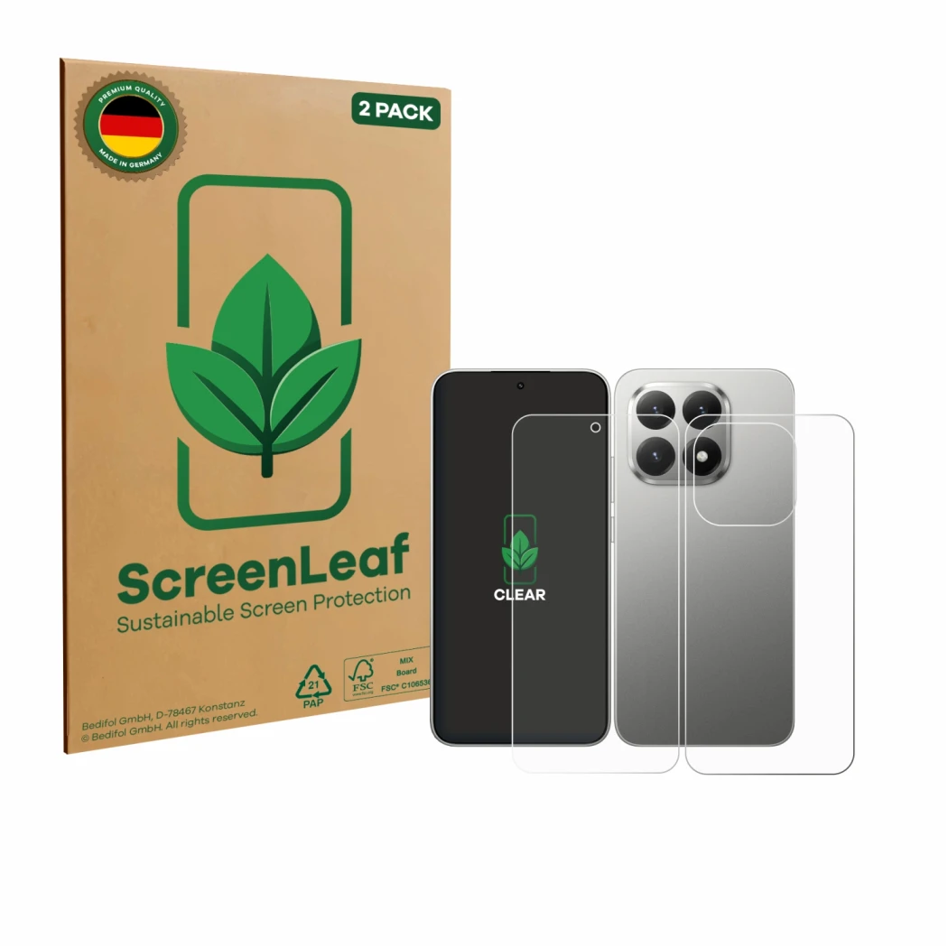 Parte frontal de un envase de producto con el logotipo de la marca ScreenLeaf. Al lado se muestra el dispositivo Xiaomi 15T (F
