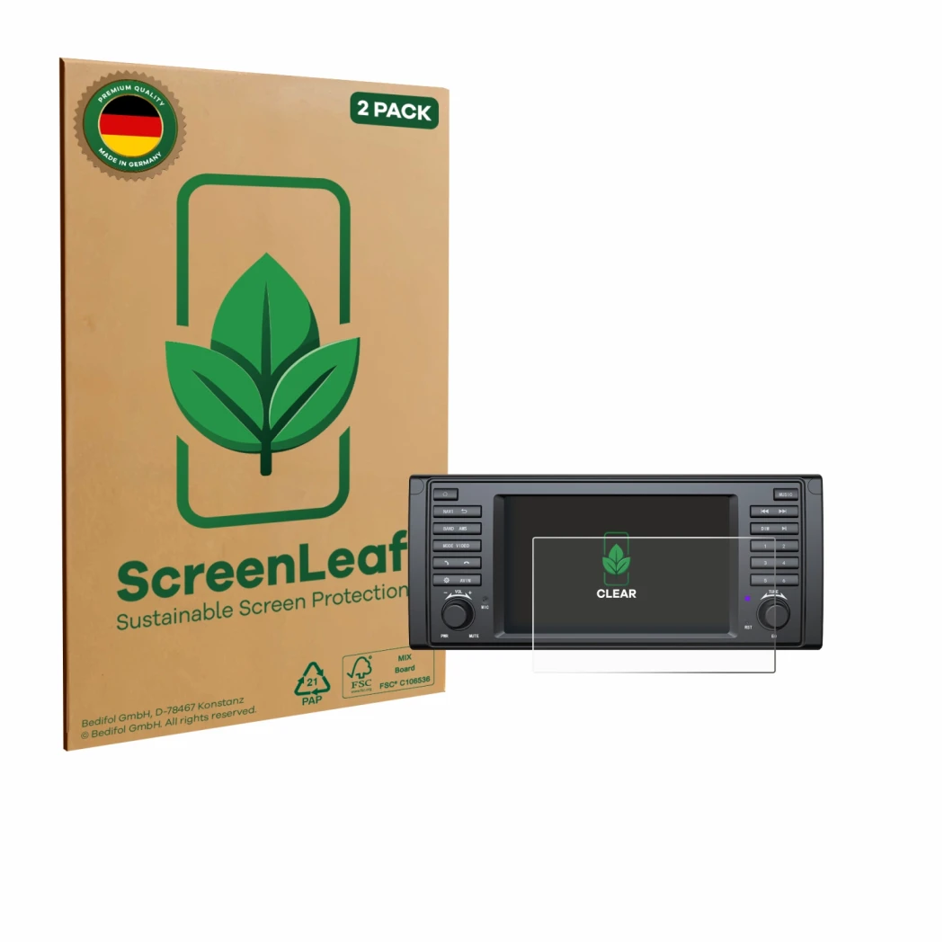 Parte frontal de un envase de producto con el logotipo de la marca ScreenLeaf. Al lado se muestra el dispositivo Eonon E39A12S