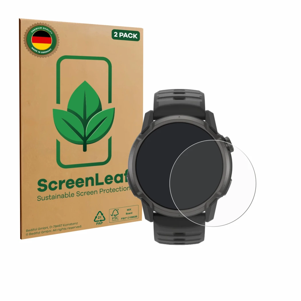 Parte frontal de un envase de producto con el logotipo de la marca ScreenLeaf. Al lado se muestra el dispositivo Coros Apex 4 